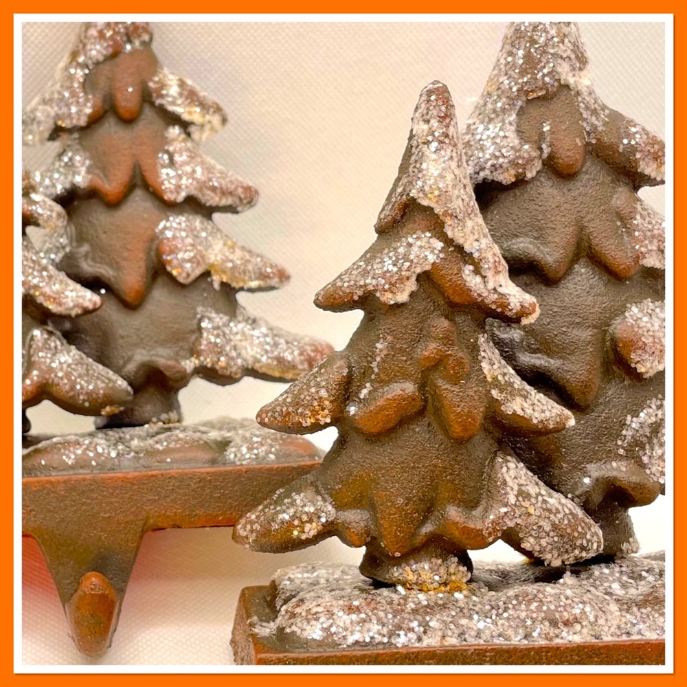 Cast Metal Stocking Hangers Snowy Trees